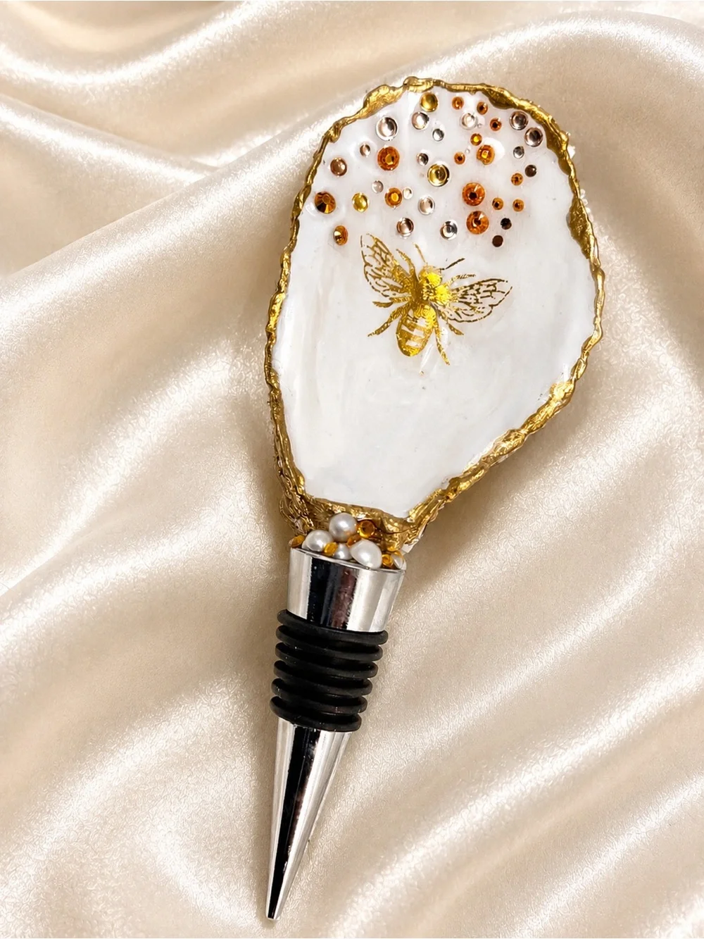 Gold & White Bee Oyster Shell Wine Stopper, Handmade by Me